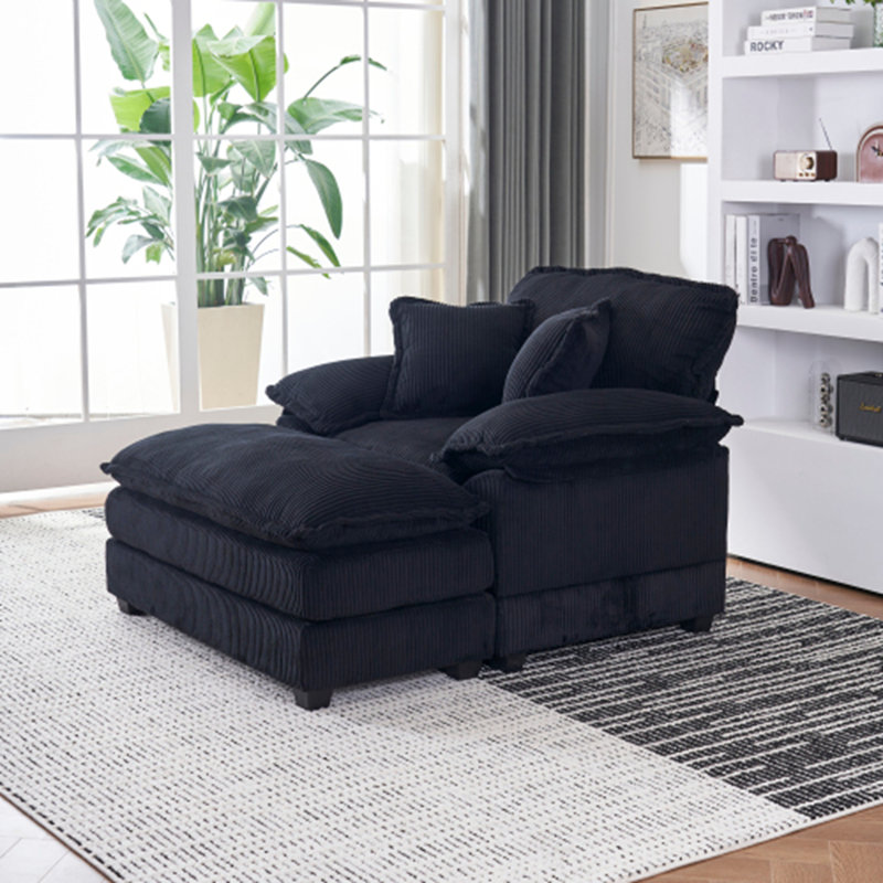 56.3" Single Sofa With 2 Toss Pillows And A Ottoman, Comfy Sofa- Deep Seat Couch, Black