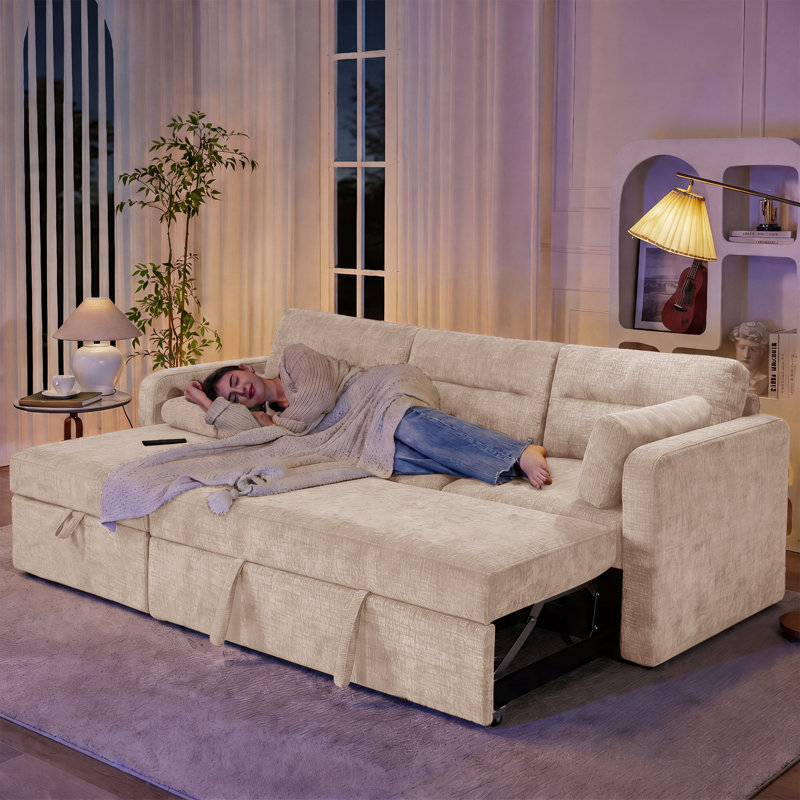 Canapé-lit modulaire en L convertible en L 91 po avec deux coussins de rangement, Chenille beige