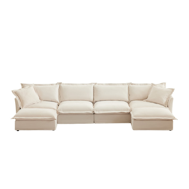 Canapé modulaire en U en chenille crème avec housse en U - Coussin de siège profond avec bords français et coussins surdimensionnés