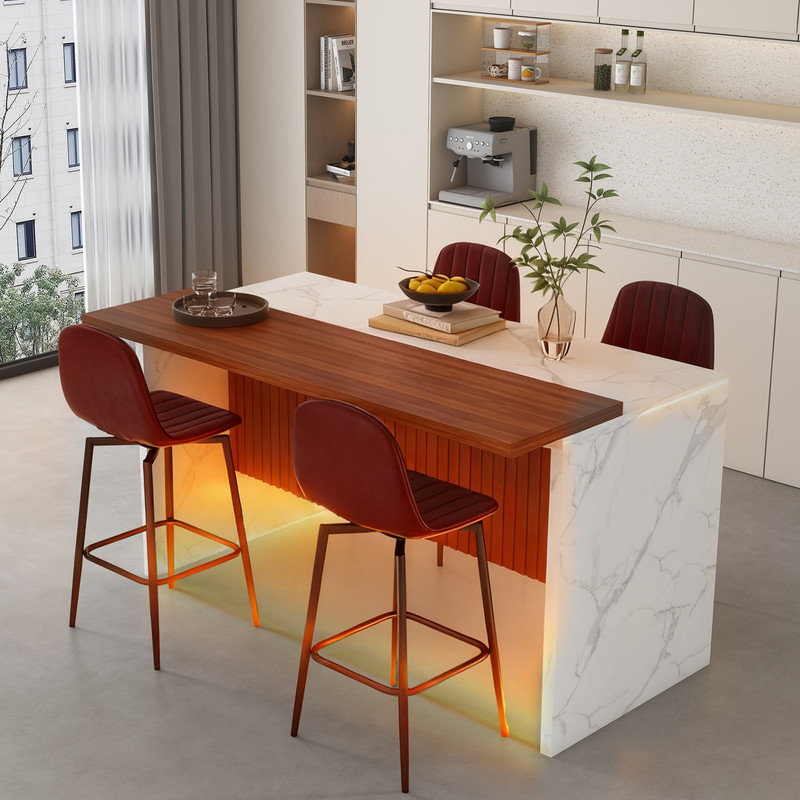 Ensemble d'îlot de cuisine de 63 pouces avec 4 tabourets de bar brun foncé - surface d'aspect marbre blanc, éclairage DEL et conception de barbecue pour la salle à manger, espaces à aire ouverte, salon (4 tabourets de bar brun foncé)