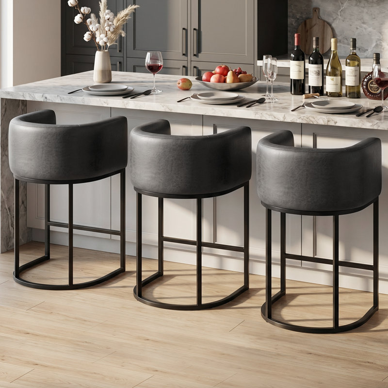 Pu Leather Counter Stool Barrel Counter Height Stools, Black