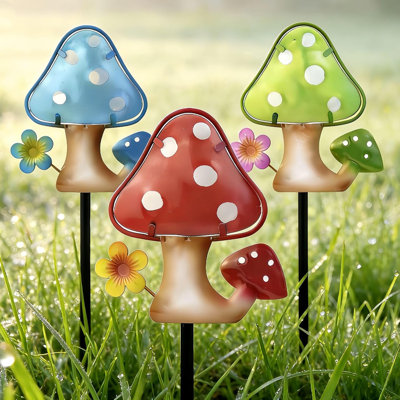 Garden Decor Mushroom Stakes Set of 3, Metal & Glass 10