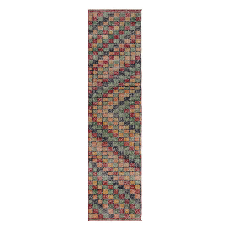 Vintage Distressed Runner Rug, Mosaic Multicolor Geometric Design - Rug & Kilim