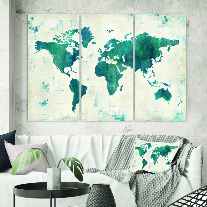 Découvrez la carte du monde en bleu - Reproduction d'art graphique sur toile tendue à pièces multiples
