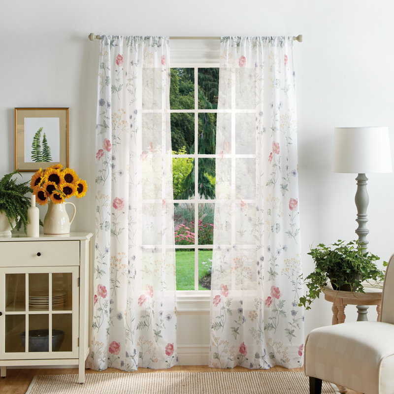 Gold Floral Semi-Sheer Rod Pocket Curtain Panel Pair