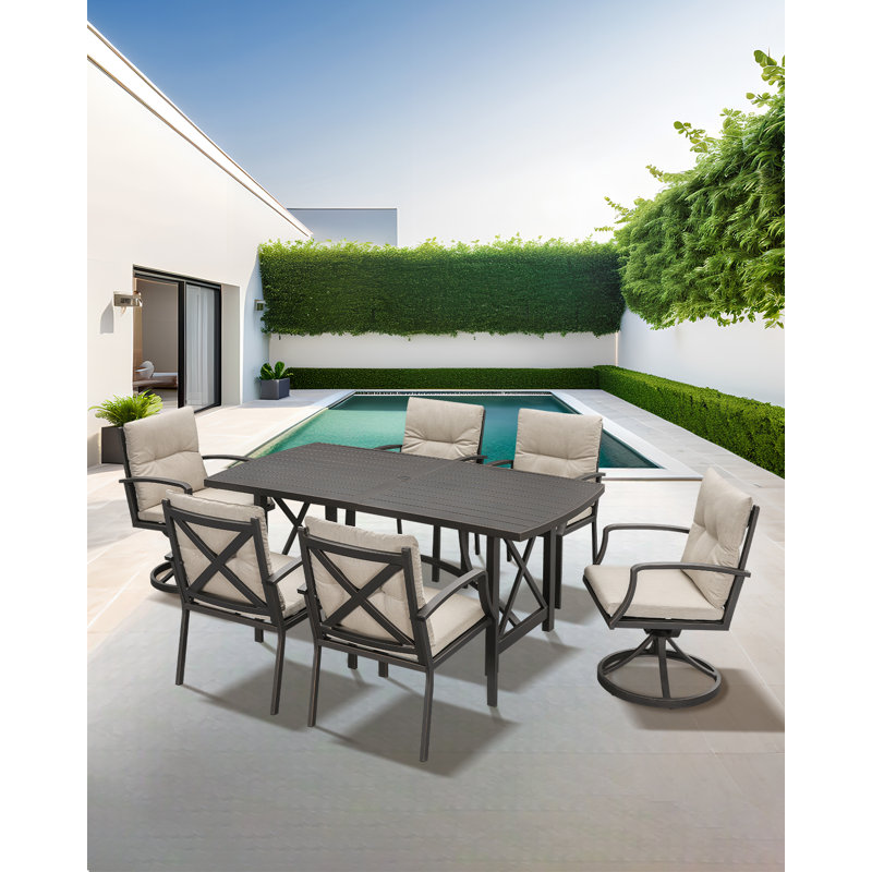 Seehill 7 Pieces Outdoor Dining Set For 6, Aluminum Patio Dining Set With 2 Swivel Rocker Chairs, Patio Table And Chairs Set With Umbrella Hole, Outdoor Furniture Set For Deck, Garden, Lawn, Gunmetal