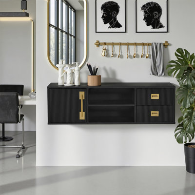 Meuble-lavabo mural avec armoire de rangement, tablettes ouvertes et 2 tiroirs