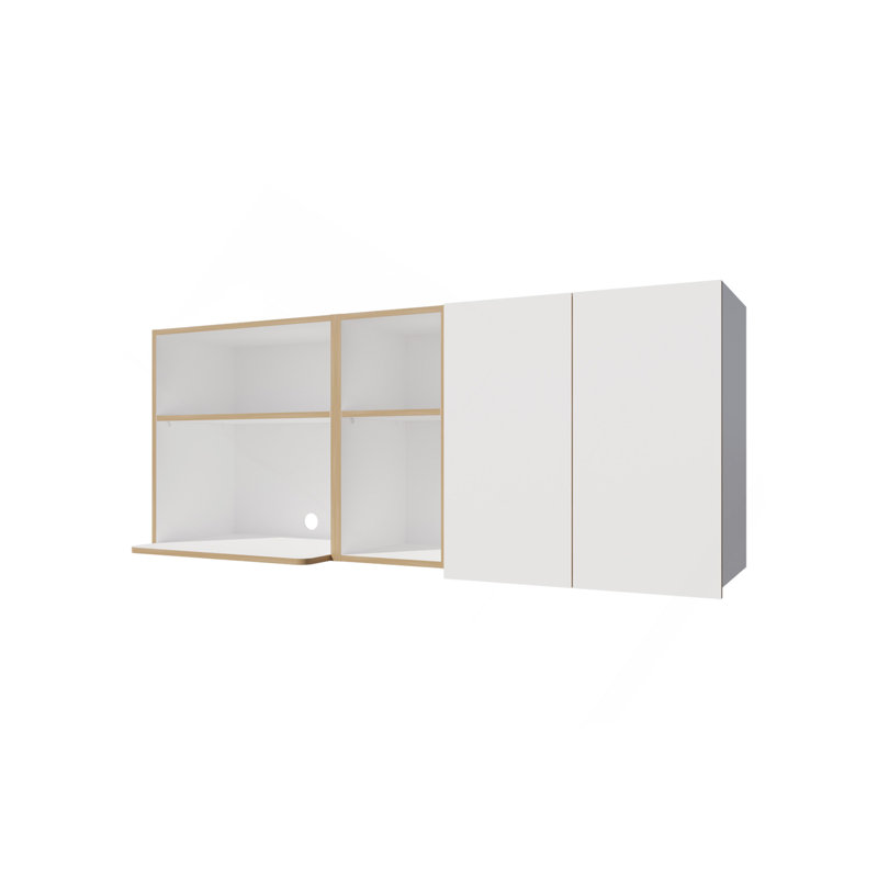 Armoire de cuisine murale avec espace pour micro-ondes, tablettes ouvertes et portes doubles - chêne naturel et blanc