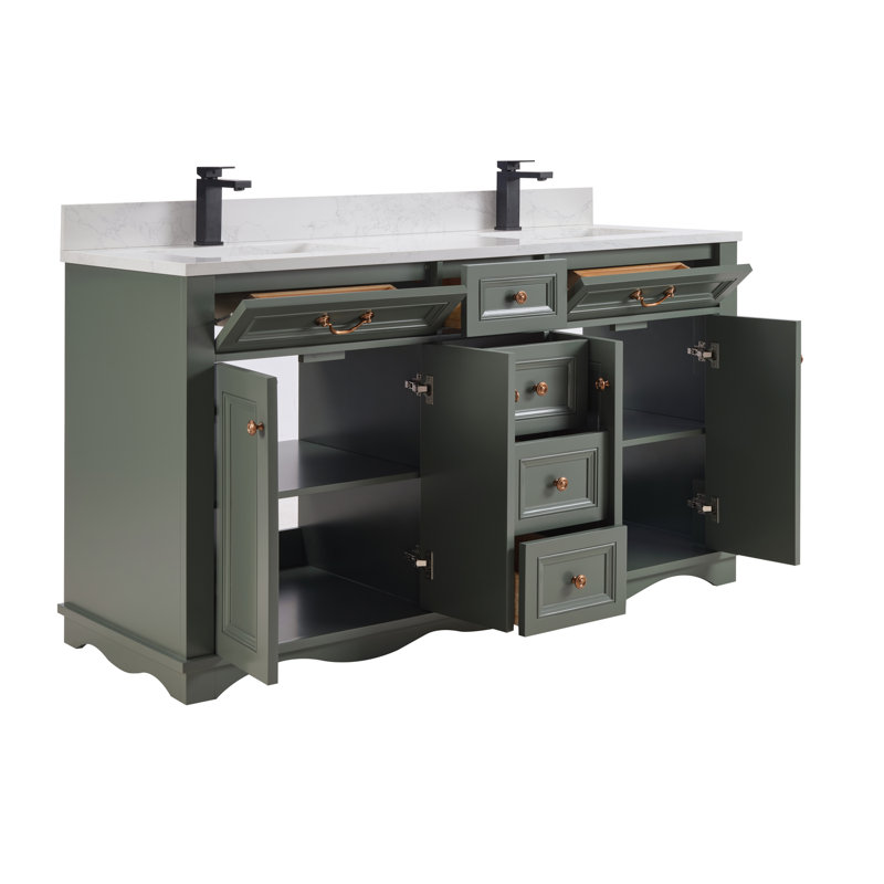 60" Solid Wood Sink Vanity  With 1' Artificial Stone Top, Pewter Green