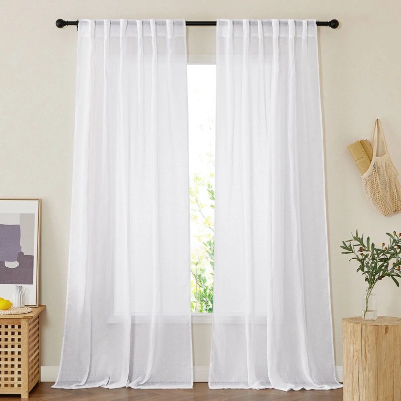 Sheer Linen Curtains for Living Room, Rod Pocket & Back Tab Semi Sheer Drapes Privacy Semitransparent Faux Flax Open Linen Panels for Study Room