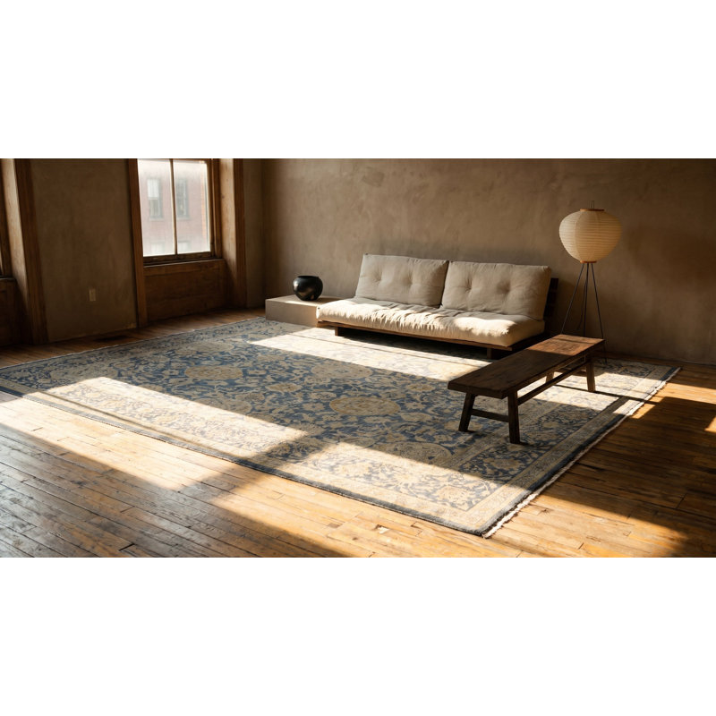 Square Wool 1930s Allover Floral Hand Knotted Pile Large Blue Antique Rug