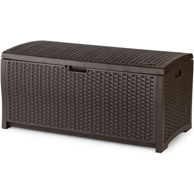 CUSTOM BUILT-IN VACUUM SYSTEMS Outdoor Storage Box - 73 Gallon Mocha Brown Deck Box For Patio, Waterproof Outdoor Storage Bench, Resin Wicker Style, Heavy-Duty, Lockable Lid For Cus