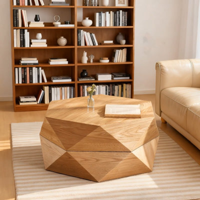 Table basse à plateau rabattable rétro avec rangement caché, placage en bois massif pour le salon et le bureau