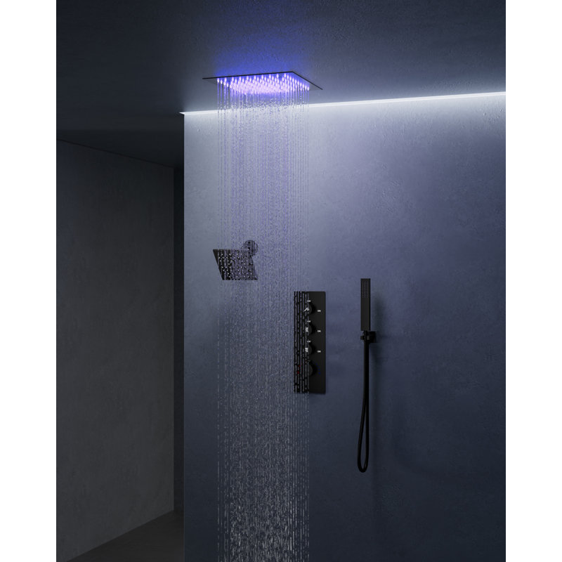 Système de pomme de douche thermostatique double, robinet de pluie à DEL 12 po avec pomme de douche à fixation au plafond et douchette de 6 po