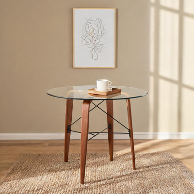 Dining Table for Kitchen and Breakfast Nook, Round 34.5-Inch Table with Clear Glass Top and Warm Brown Solid Wood Base, Seats 4