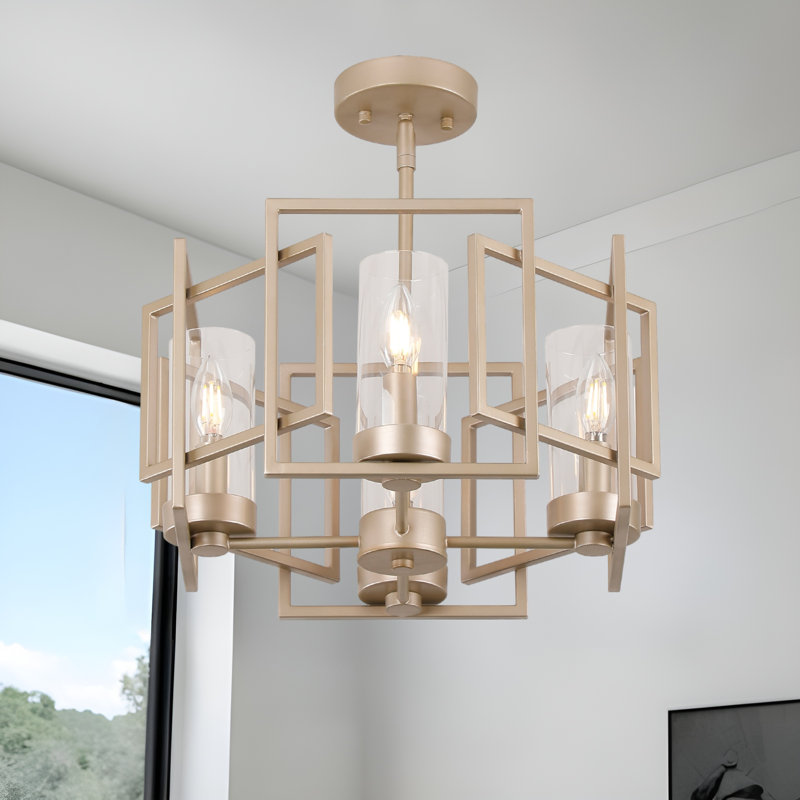 4-light Lantern Geometric Minimalist Marco Pendant Lamp or Semi Flush Mount, Brushed Gold