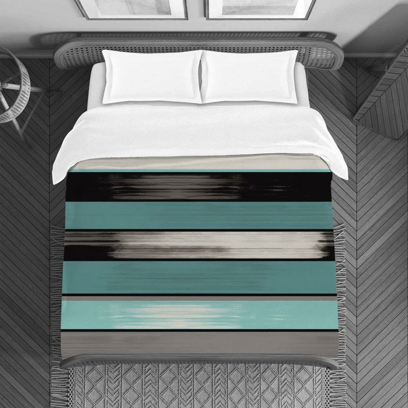 Horizontal Stripes Machine Printed Duvet Cover, Queen Duvet Cover, Black/Turquoise