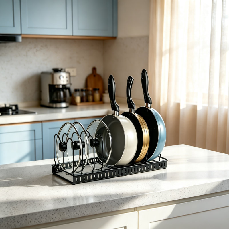 Metal Pot and Pan Organizer, Expandable Rack with 7 Adjustable Dividers