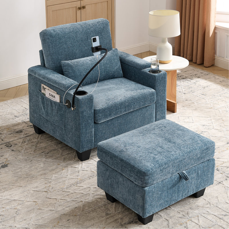 Canapé inclinable simple avec dossier réglable manuellement, port de charge USB sur le côté de l'accoudoir, support pour téléphone inclus, rangement des accoudoirs dissimulé et repose-pieds de rangement assorti - bleu
