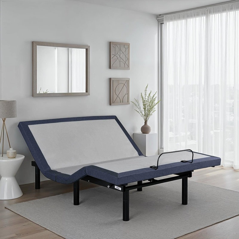 Base de lit réglable offrant un positionnement complet de la tête et des pieds, un massage apaisant du corps, 2 positions de mémoire, une touche de réinitialisation à plat. Taille bleu gris acier avec réglages, fonction de ronflement relaxant, 3