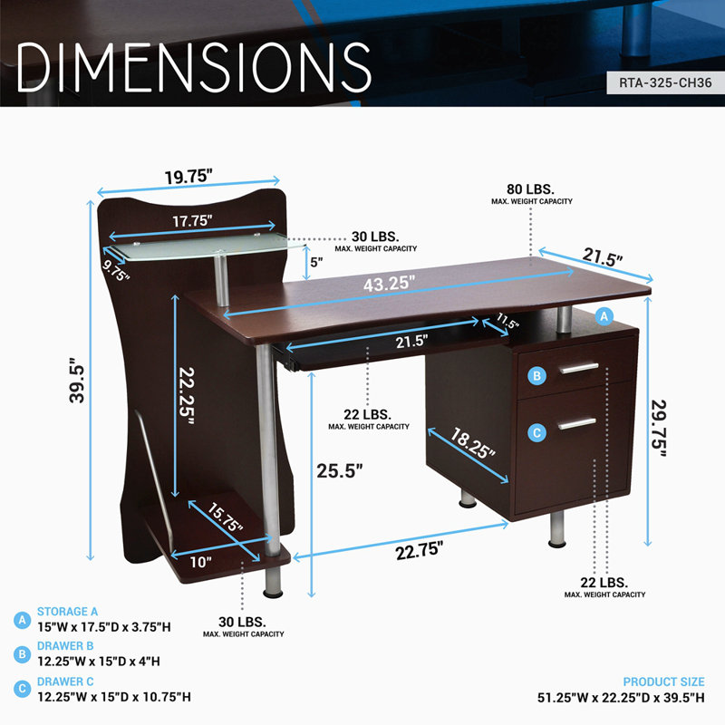 Techni Mobili Stylish Computer Desk With Storage, Chocolate