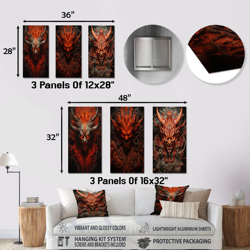 Hindouisme Asura Demon Fiery Flame - ensemble de 3 impressions murales en métal de l'hindouisme, H 28 po x l 36 po