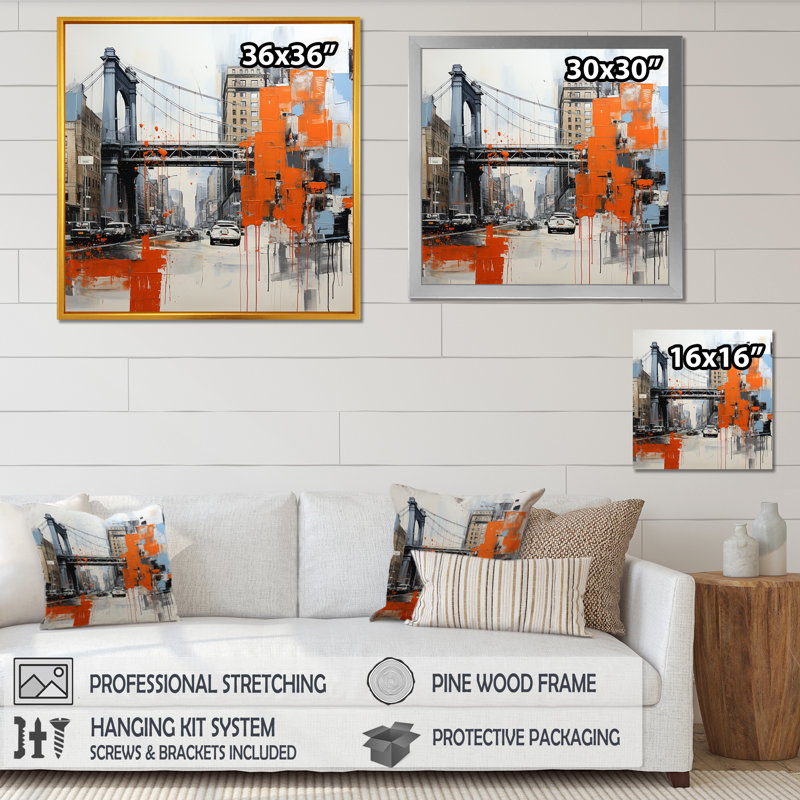 Bleu et orange Pop Art Boston Cityscape - art mural côtier, Cadre simple noir, H 36 po x l 36 po x P 1,5 po