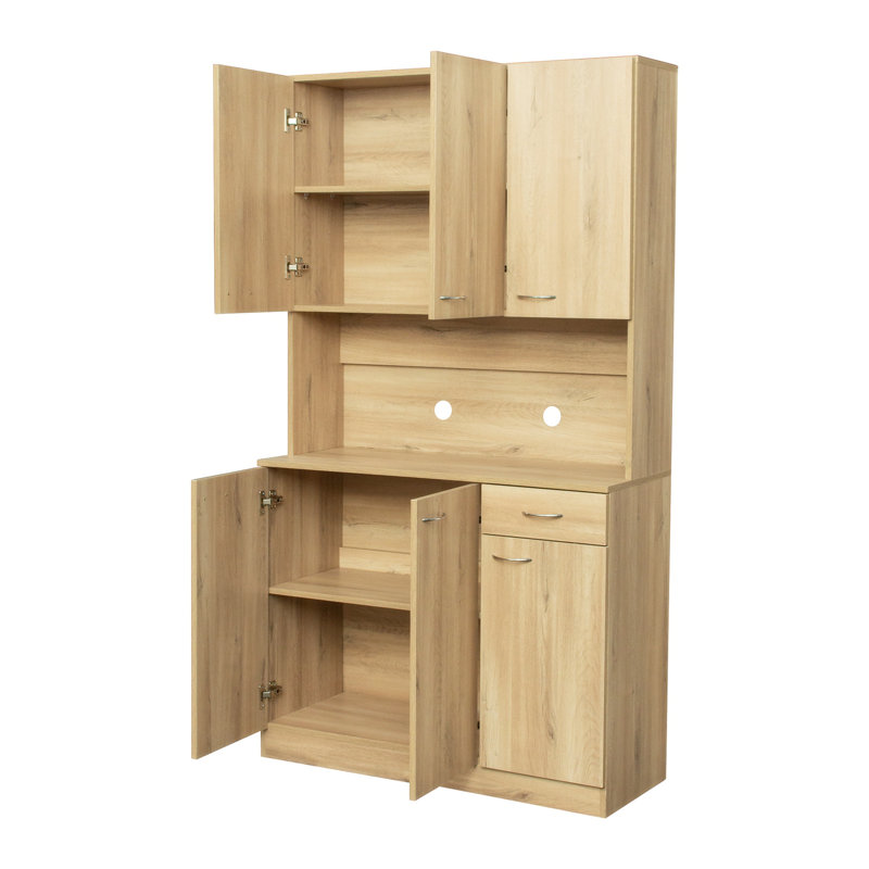 Tall Wardrobe& Kitchen Cabinet, with 6-Doors, 1-Open Shelves and 1-Drawer, Oak