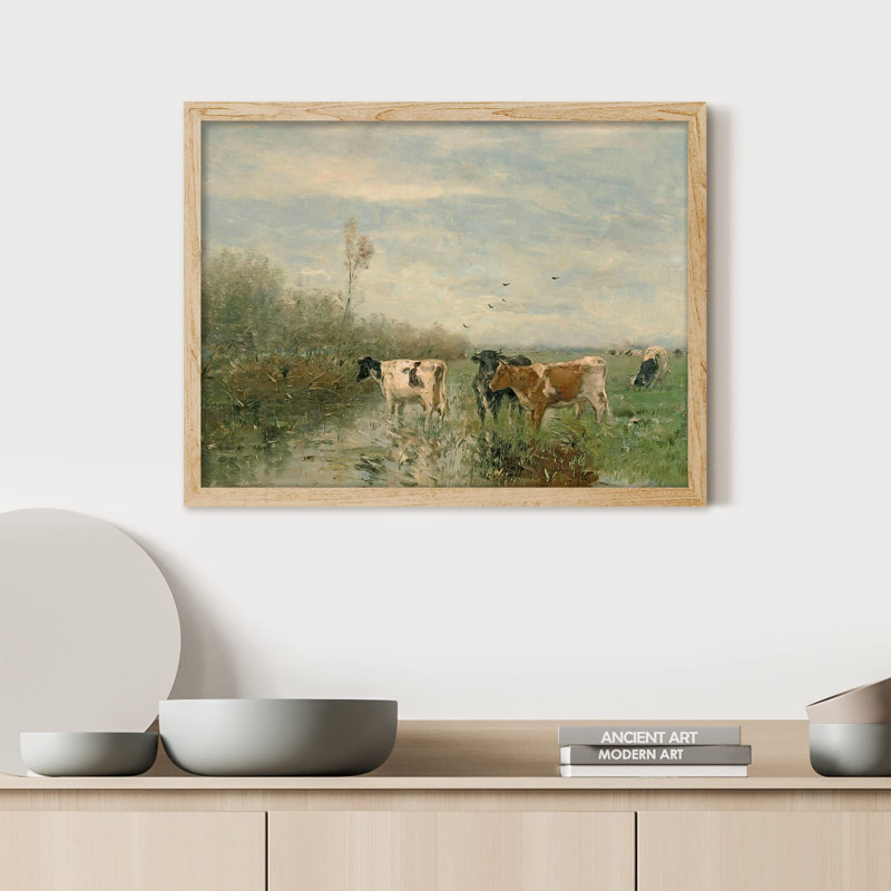 «Pastoral Cow Farm Field» sur papier, Naturel, H 12 po x l 16 po
