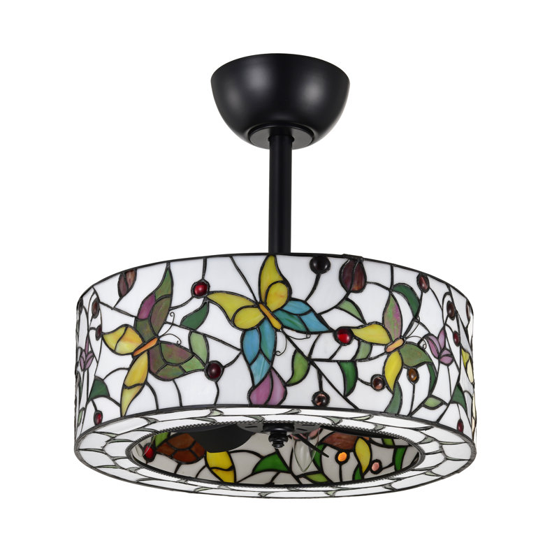 Jorga 6-light Tiffany Glass Fandelier Lighted Ceiling Fan Butterfly Design Remote Control - White-multicolor