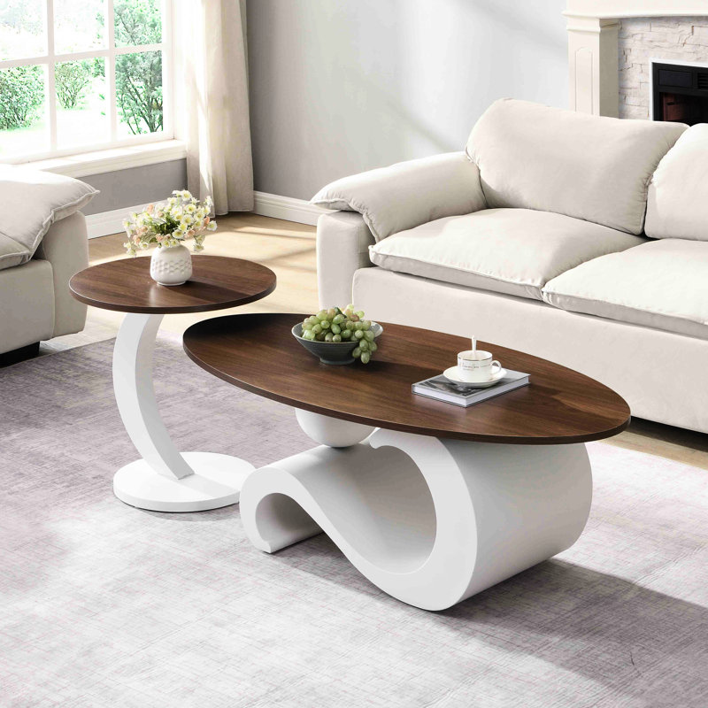 2 tables gigognes ovales et rondes blanches pour l'espace de vie, table basse de 47,24 po, base latérale haute résistance de 19,69 po, fonction Scratch