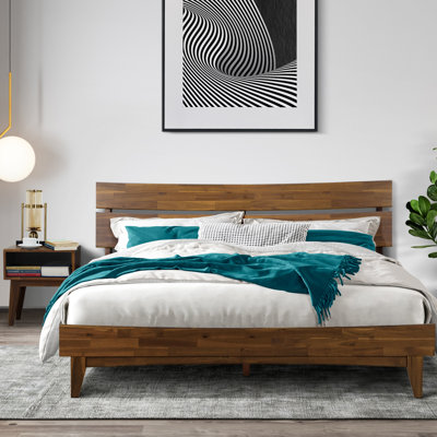 2-Pcs Bedroom Set – Solid Wood King Platform Bed Frame & Matching Nightstand, Mid-Century Modern, Walnut Finish, 800 lbs Capacity, No Box Spring Needed