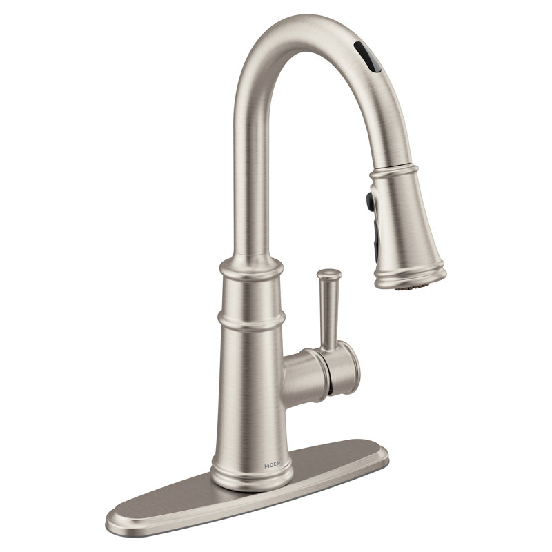 Moen Belfield Smart Touchless Pull Down Sprayer Kitchen Faucet with Voice Control and Power Boost, Spot Resist Nickel