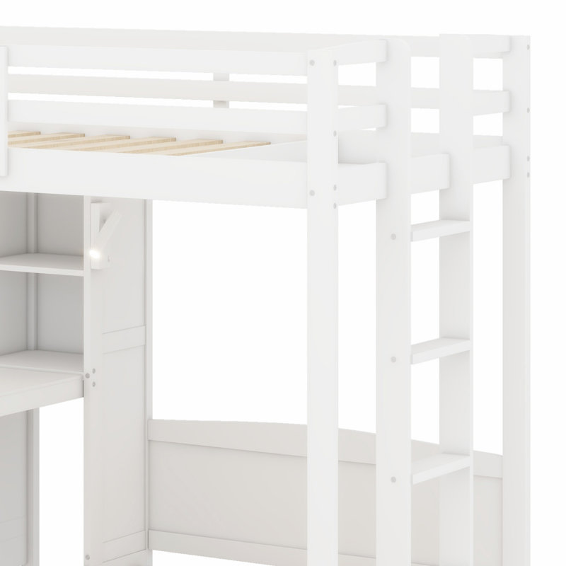 Multi-Functional Wood Bunk Bed with Desk, Storage Shelves, Reading Lamp, White