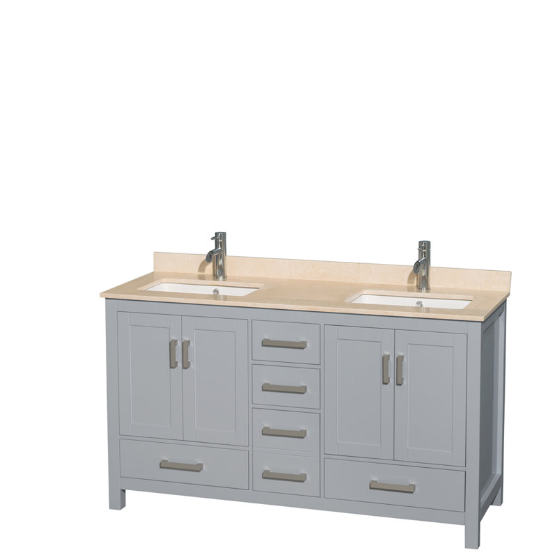 Sheffield 60" Freestanding Double Bathroom Vanity with Marble Top, Gray, Ivory