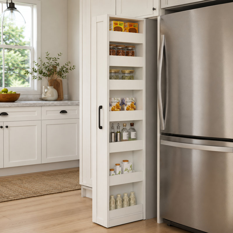 Armoire de rangement coulissante à 7 niveaux avec rangement pour garde-manger étroit, Blanc