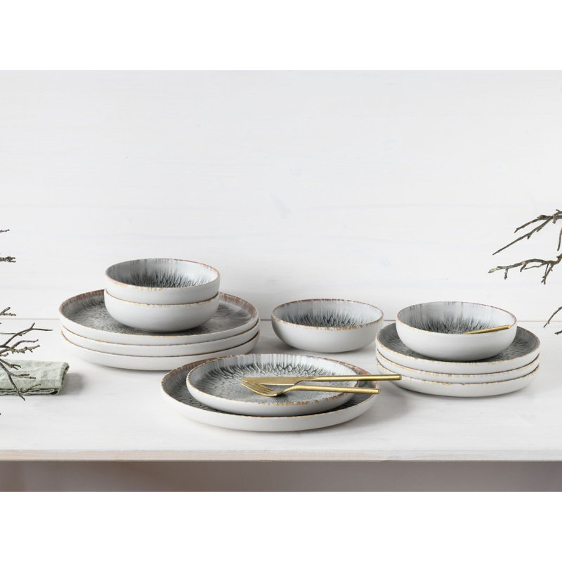 Uno Volcano, 12 Piece Dinnerware Set, Service for 4, Cream/Silver/Grey
