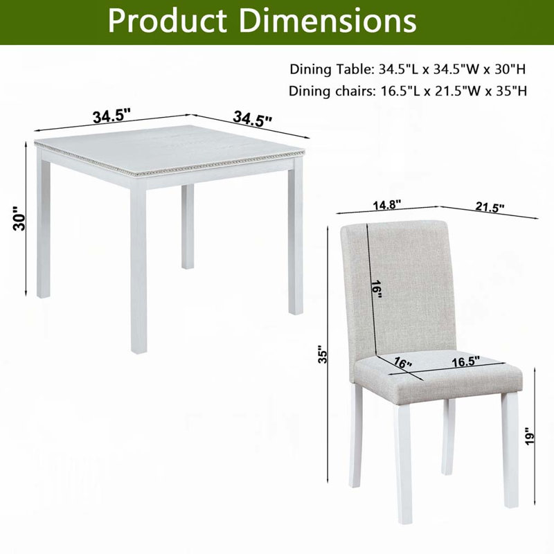 Ensemble de salle à manger 5 pièces Keyera, Blanc, Gris / Blanc, L 34,5 po x l 34,5 po x H 30 po