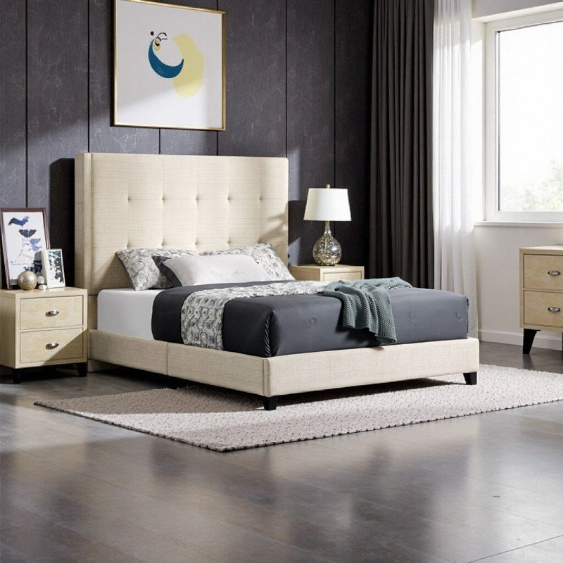 Cadre de lit plateforme grand capitonné beige avec tête de lit tapissier - Structure moderne en polyester et en bois massif, aucun sommier nécessaire