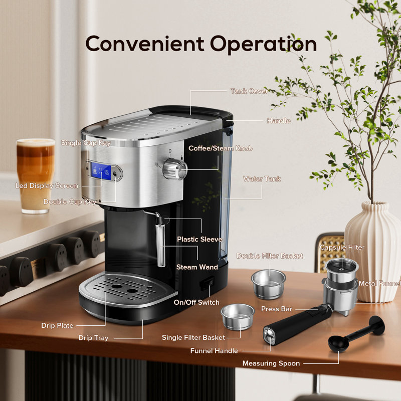 1&2 Cups Semi-automatic Espresso Machine with 20bar High-pressure Extraction & Steam Milk Foam, 1.2 L Water Tank And Pcb Electronic Temperature Control