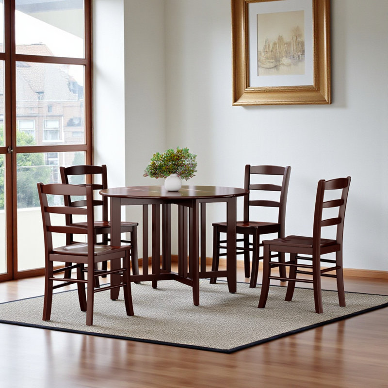 Jachai Walnut 5-piece round drop leaf table with ladder-back chairs