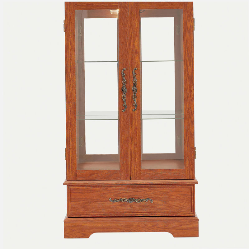 Lighted Glass Curio Cabinet with Adjustable Shelves - Elegant 2-Door Display Cabinet & Built-in Drawer, Includes Bulb -Dark Oak