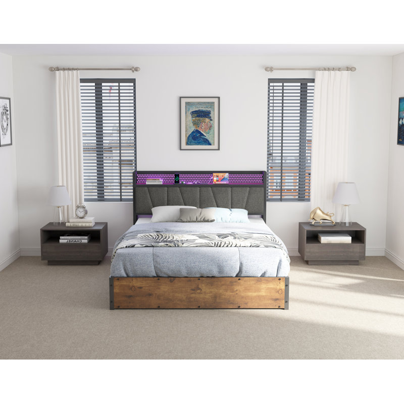 Rustic Brown Queen Metal Frame Bed with Linen Upholstered Headboard and Storage