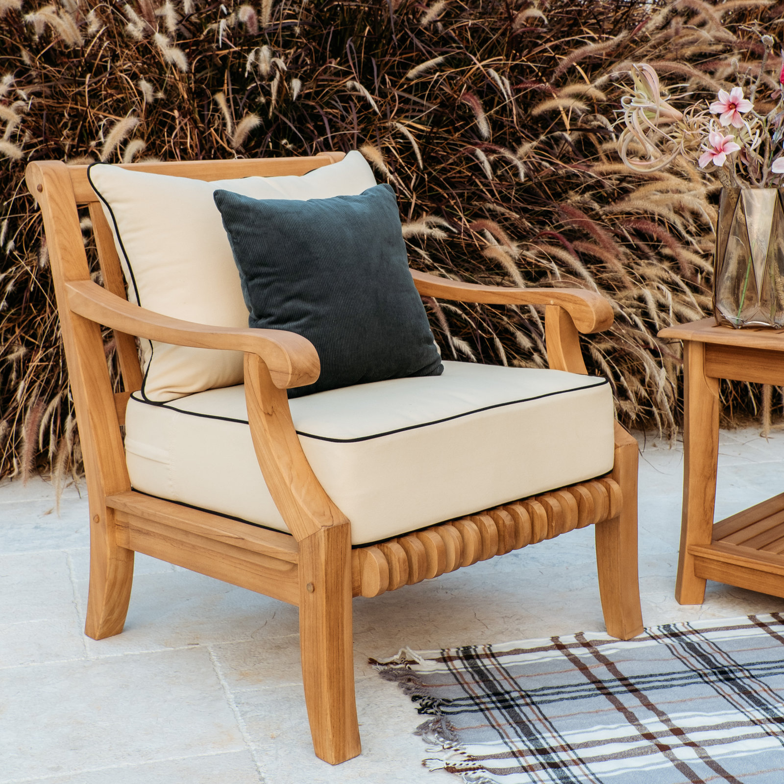 Jo Teak Patio Lounge Chair, Taupe with Black Piping