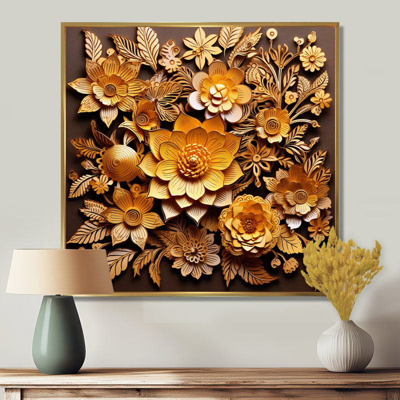 Fleur de lotus ornementale orange et or - Art mural floral moderne, Toile avec cadre flottant or, H 30 po x l 30 po x P 1 po