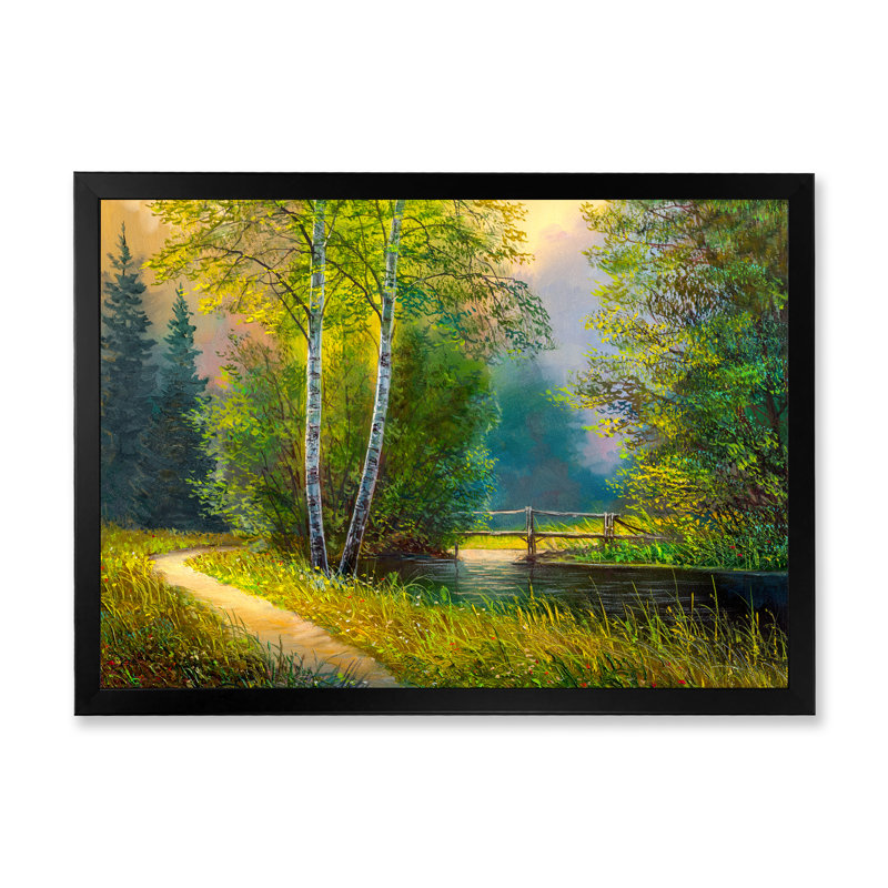 Forêt, paysage sur une rivière d'été - décoration murale traditionnelle sur toile, Impression noire sur toile encadrée