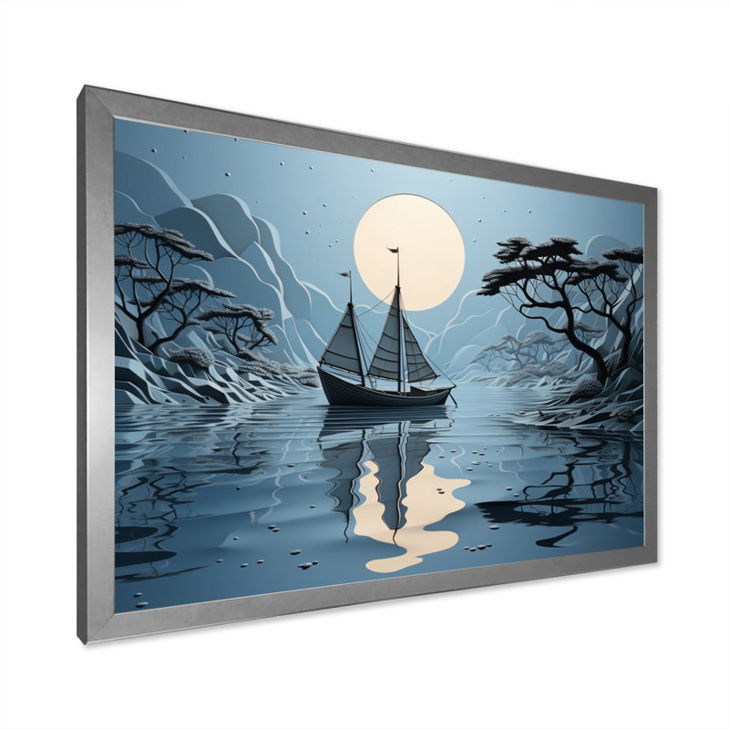 Collage de bateau bleu - impression, H 16 po x l 32 po x P 1 po, Cadre photo argenté