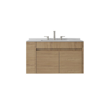Meuble-lavabo flottant 36 po avec lavabo, porte à fermeture douce, comptoir en marbre de culture blanc de Carrare 0,6 po et dosseret, contreplaqué, chêne