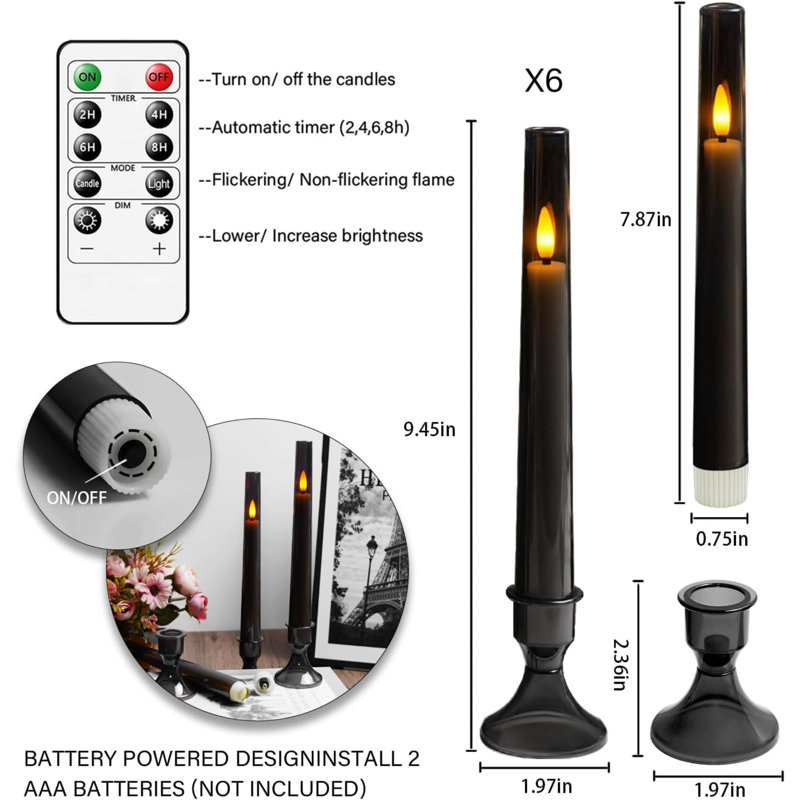 Upgraded Flameless Taper Candles With Remote,6 PC Acrylic Battery Operated Candles With Candlesticks,Flickering Led Window Candles For Home Table And Wedding Decor(Grey)