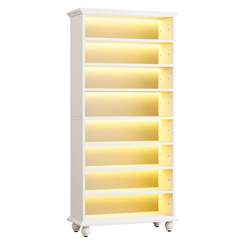 28.35" White 8-Tier Shoe Storage Cabinet With LED Light Strip, Wooden Shoe Rack For 26 Pairs, Tall 68.9" Open Organizer